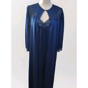 Vintage Shadowline Blue  Lace Slip Peignoir Nightgown and Robe Set Small USA
